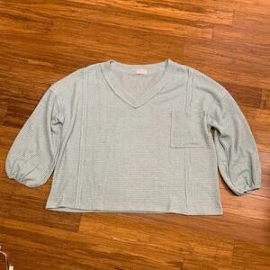 Pink Lily Waffle Knit Top Womens Large Blue‎ Balloon Sleeve V-Neck Oversized